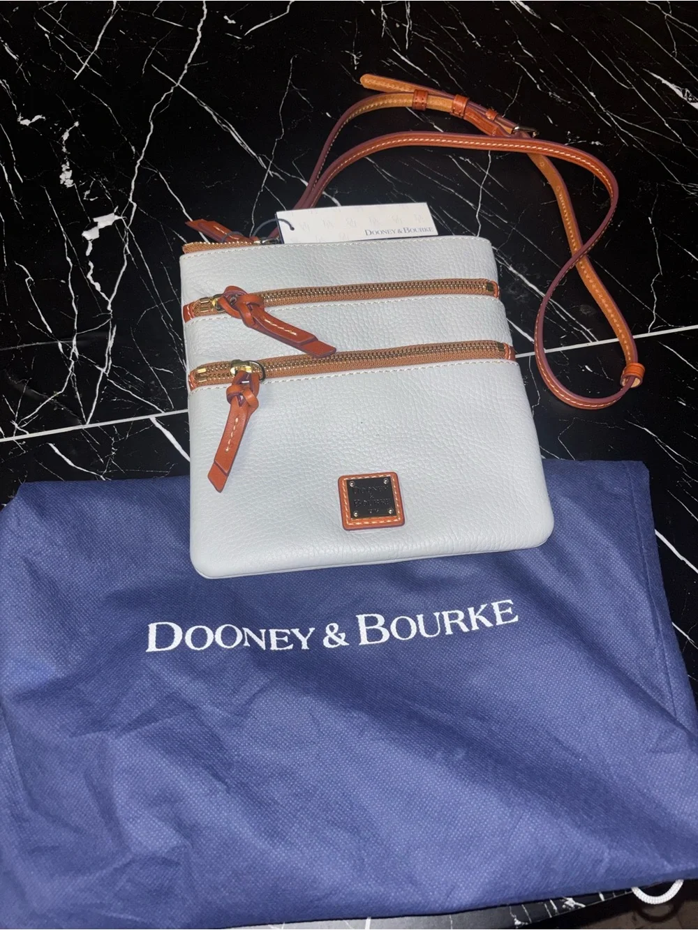 Dooney & Bourke Light Gray Pebble Leather Crossbody with Tan/brown Trim